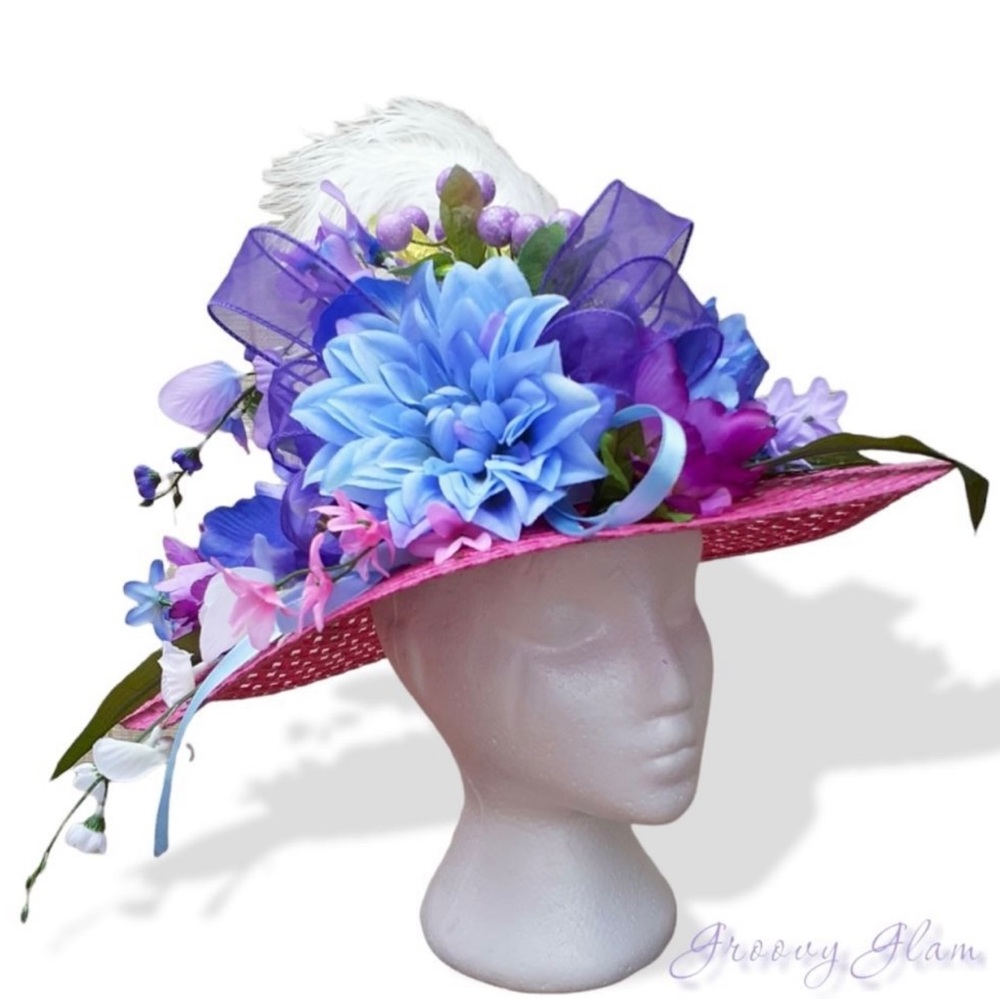 GROOVY GLAM Fancy Floral Kentucky Derby Church Wide Brim Straw Hat